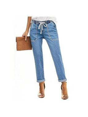 High Waisted Stretch Pull-On Drawstring Jogger Jeans with Pockets